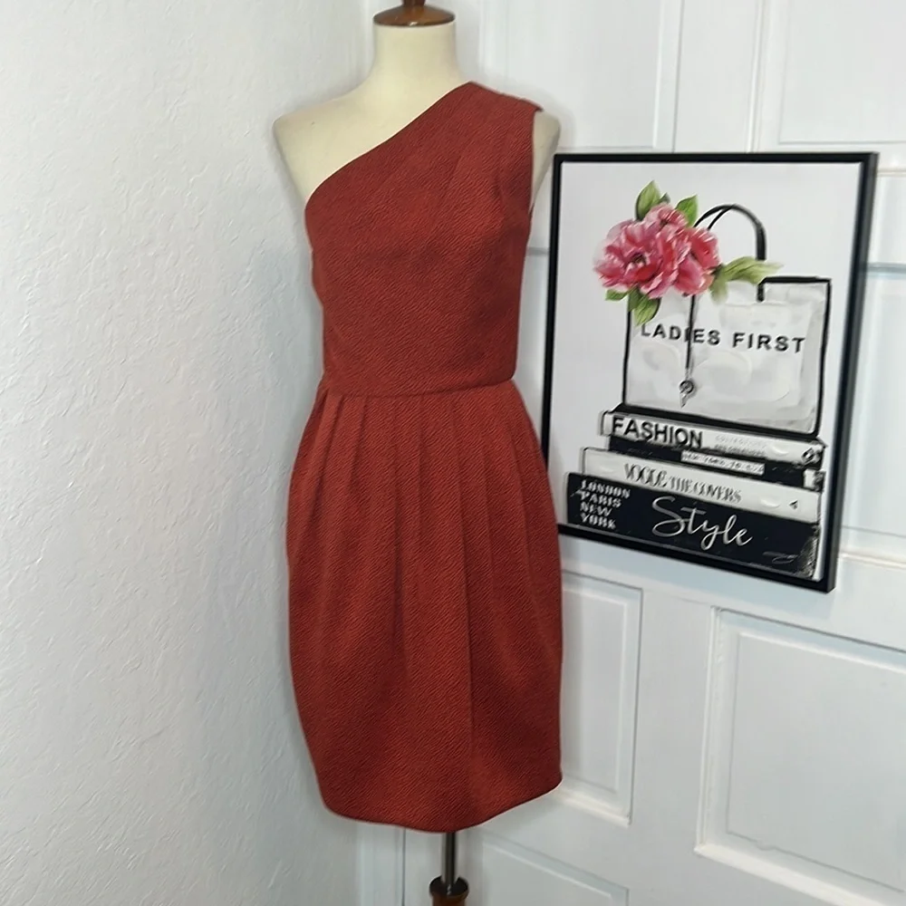 Halston Heritage One Shoulder Jacquard Mini Dress in Brick Size 2